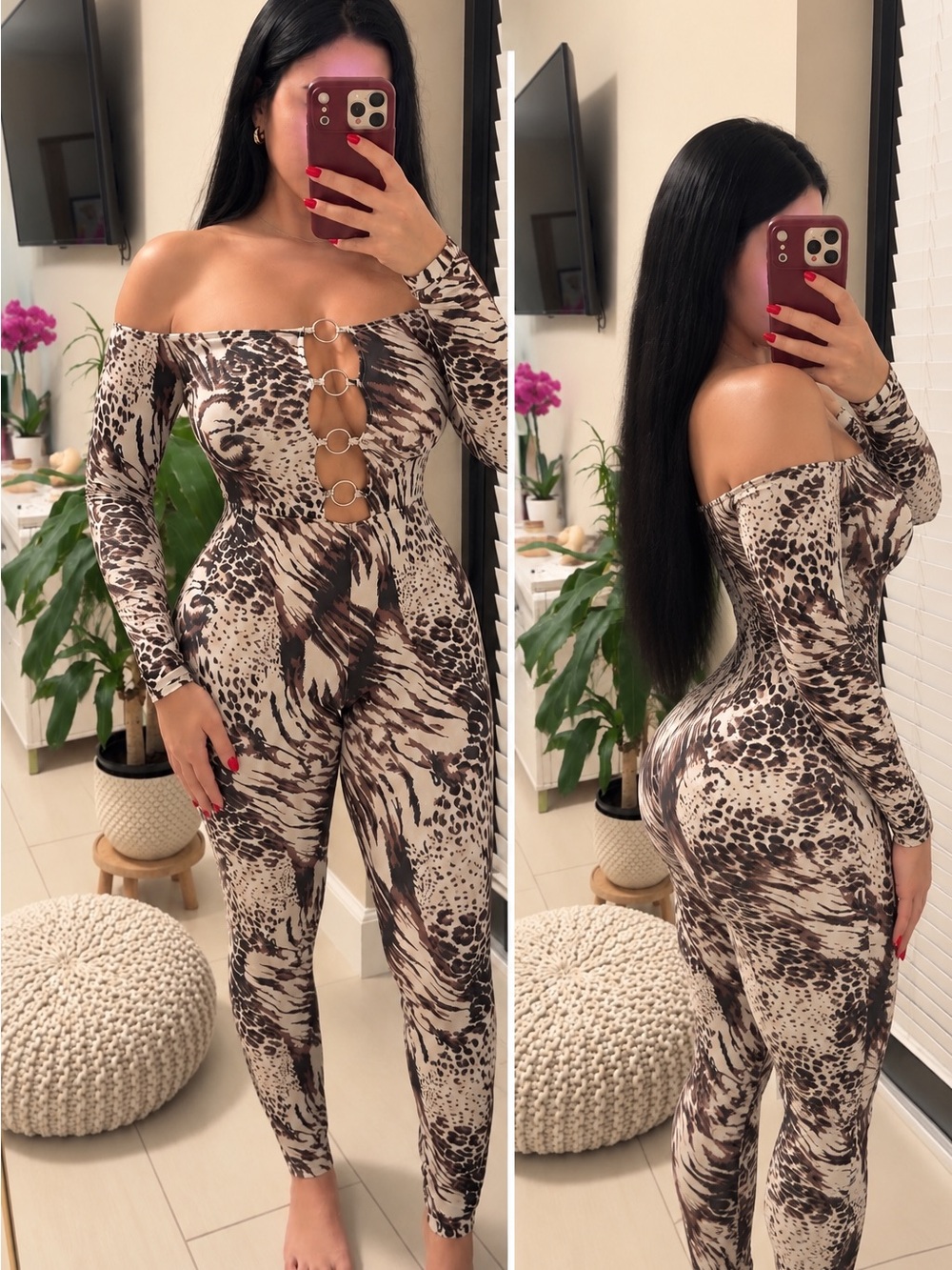 Off-Shoulder Animal Print Jumpsuit with Ring Front Detail - Brown